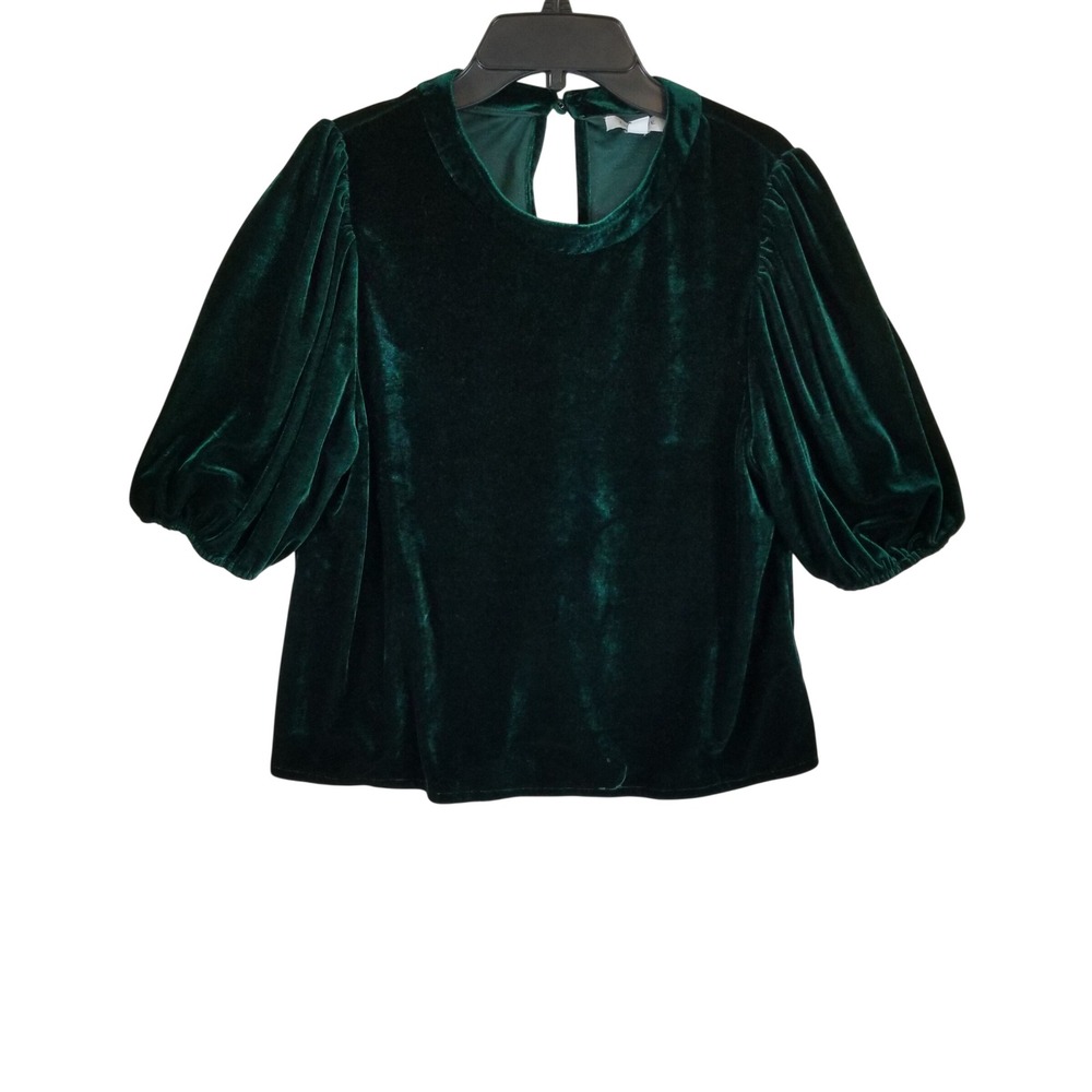 Evereve Velvet Top Women Size S Emerald Green Puff Sleeve Keyhole Back Festive